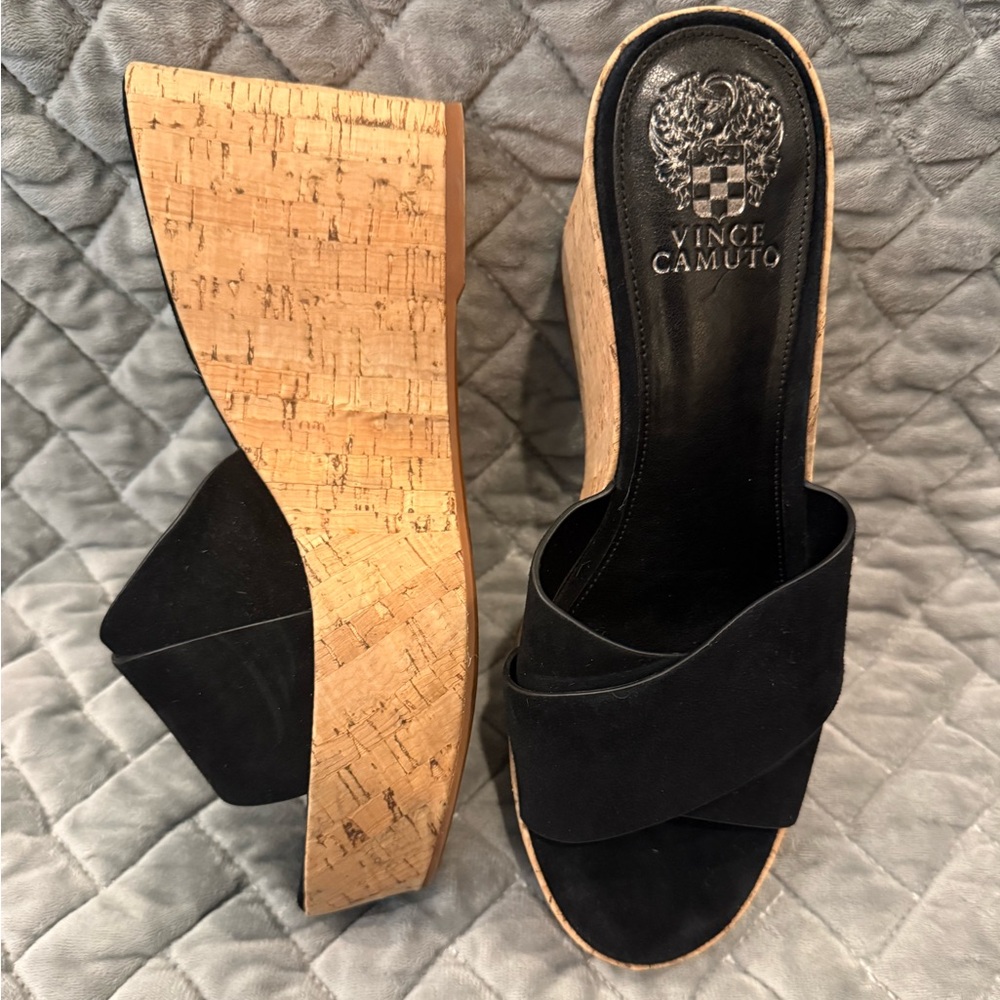 Vince Camuto Black Suede Cork Wedge Sandals